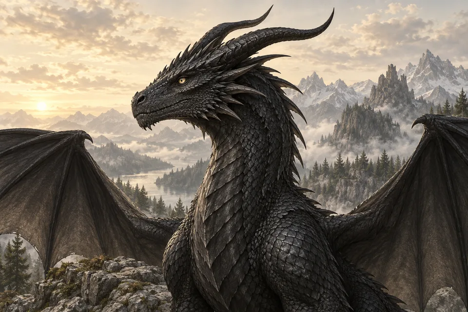 Original black dragon illustration on a mountain ledge