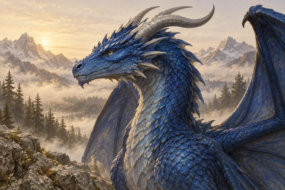 Original blue dragon illustration on a mountain ledge