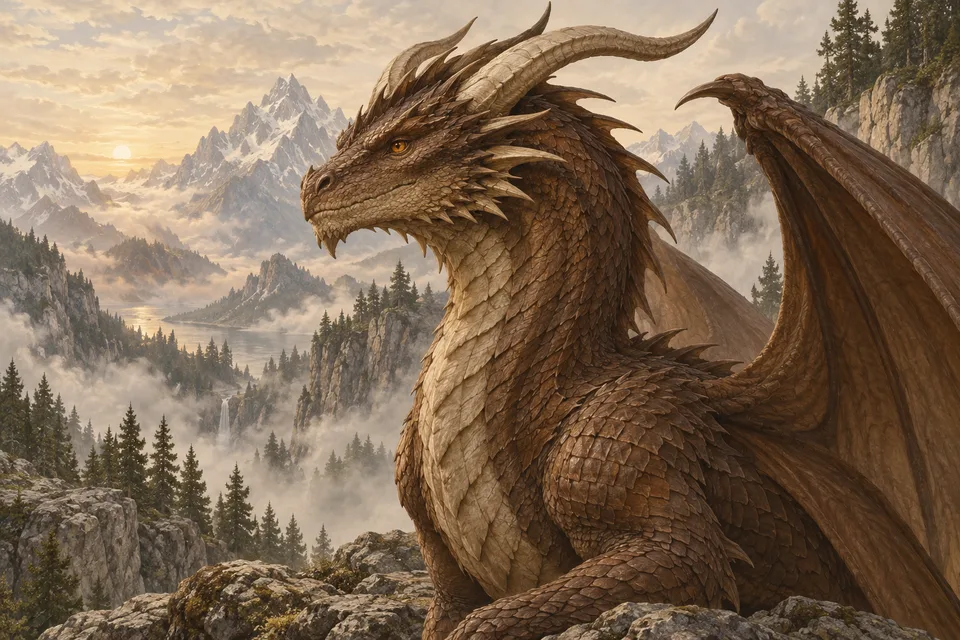 Original brown dragon illustration on a mountain ledge