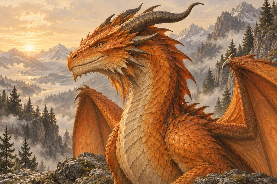 Original orange dragon illustration on a mountain ledge