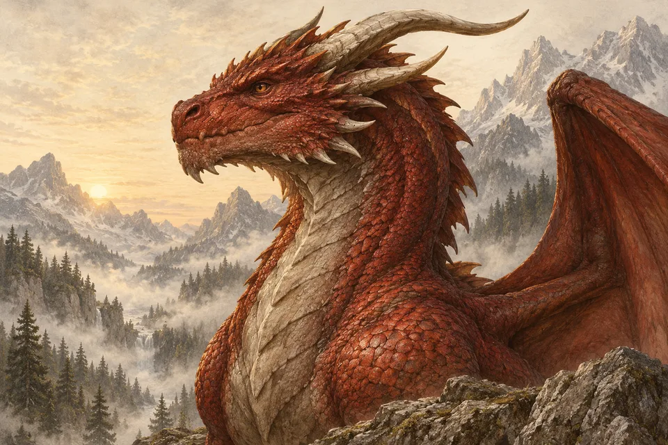 Original red dragon illustration on a mountain ledge